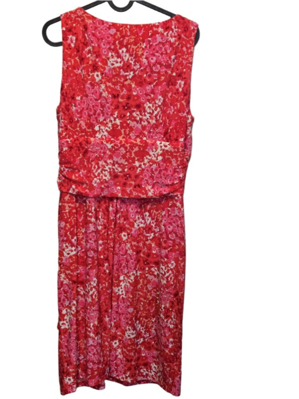 Chaps Floral Faux Wrap Dress Pink Coral Sleeveless Ruched Ruffle Sheath size L - Picture 3 of 9